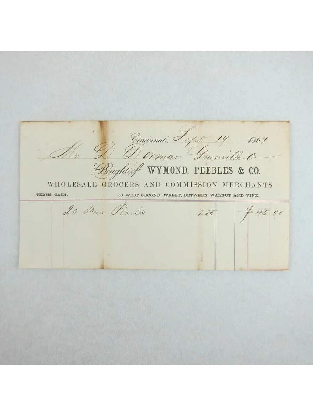 Antique 1867 Wymond Peebles Co Wholesale Grocer Cincinnati Ohio Receipt Invoice